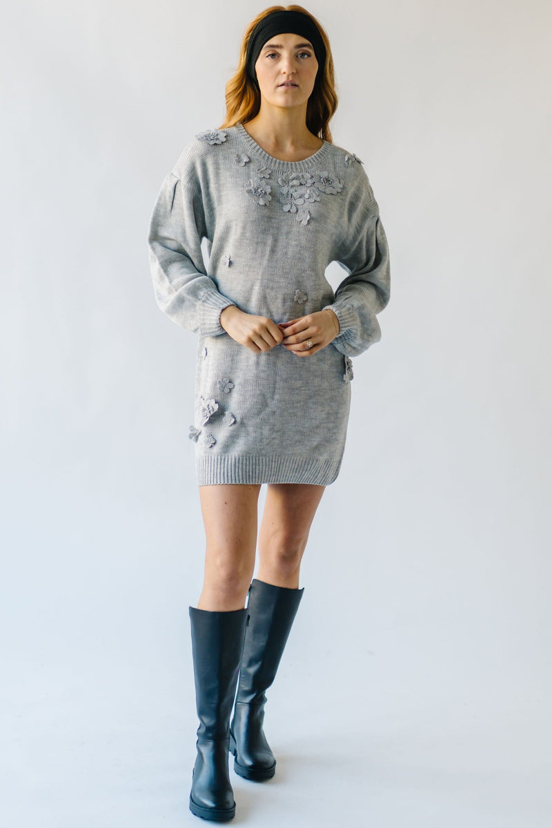 The Beeson Floral Applique Sweater Dress in Heather Grey