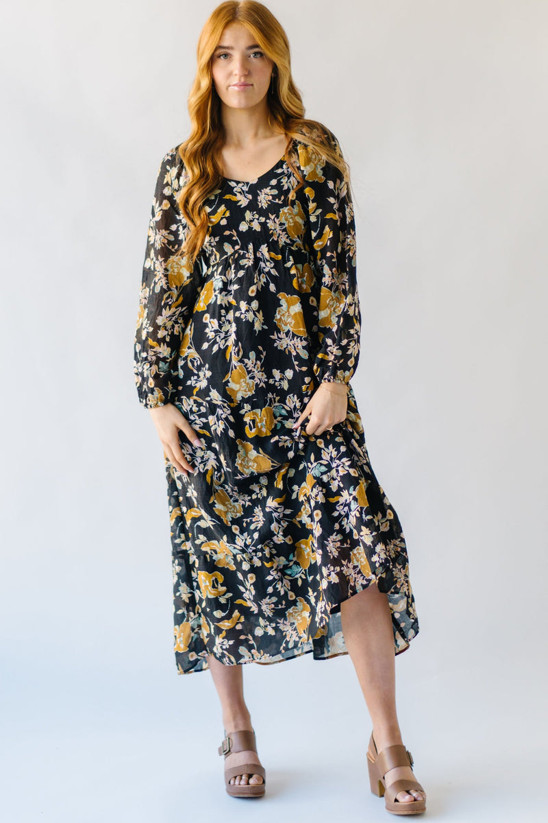 The Delancy Tiered Floral Maxi Dress in Black