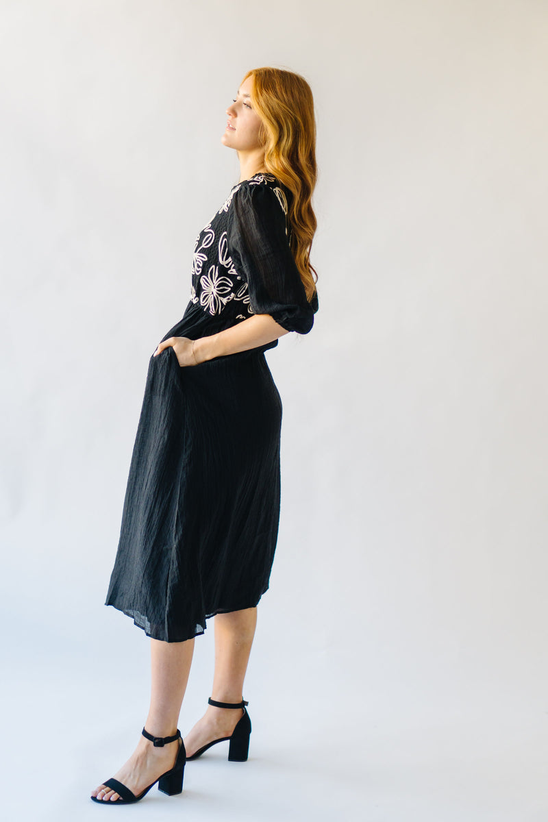 The Eunice Embroidered Detail Midi Dress in Black