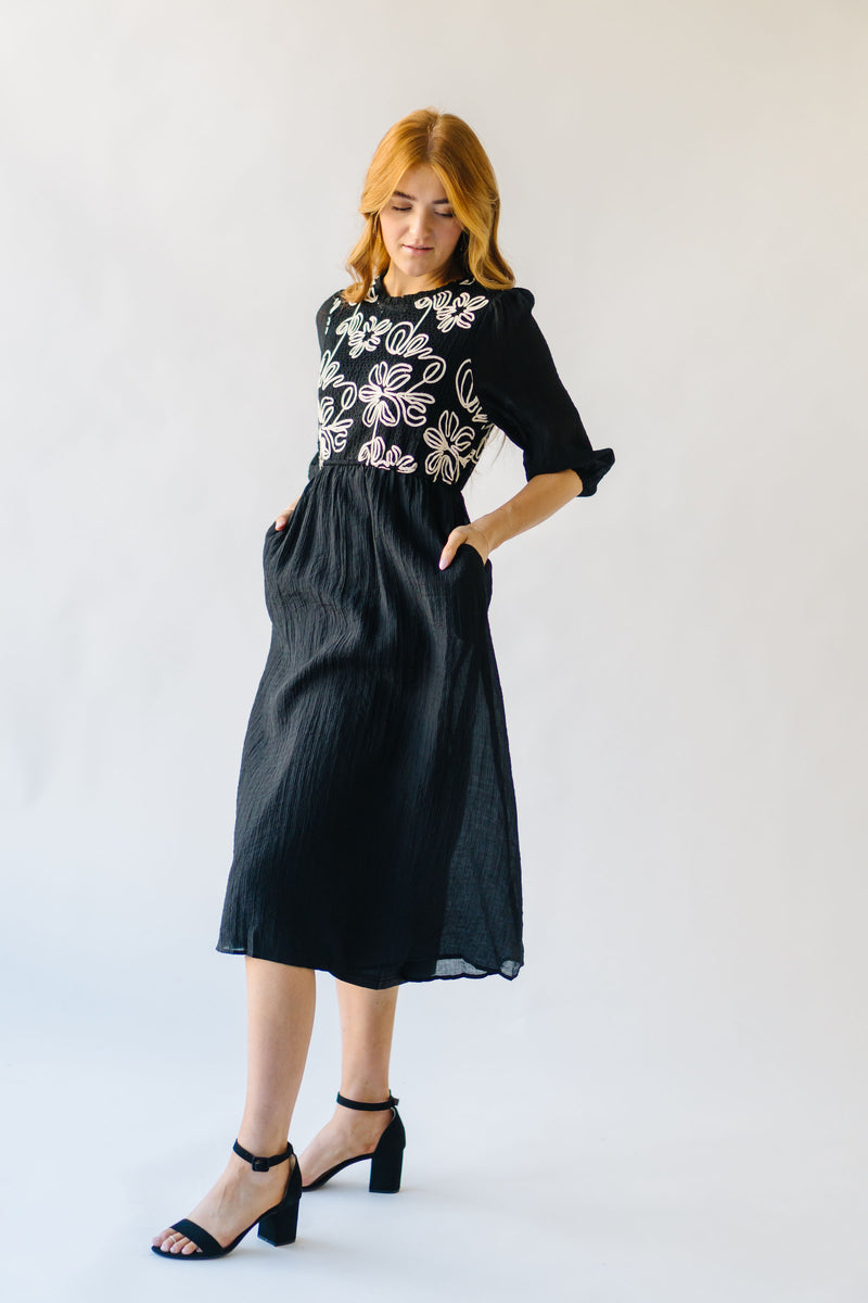 The Eunice Embroidered Detail Midi Dress in Black