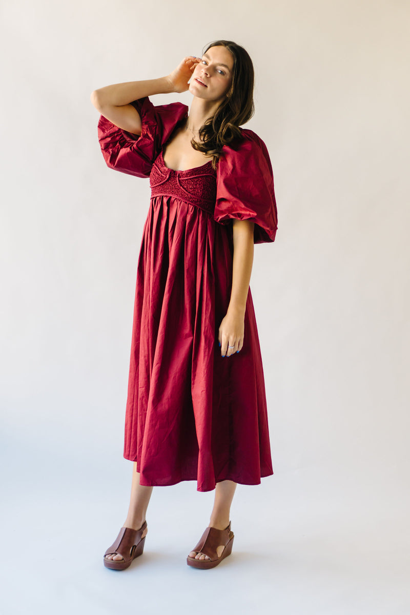 The Styron Puff Sleeve Midi Dress in Ruby