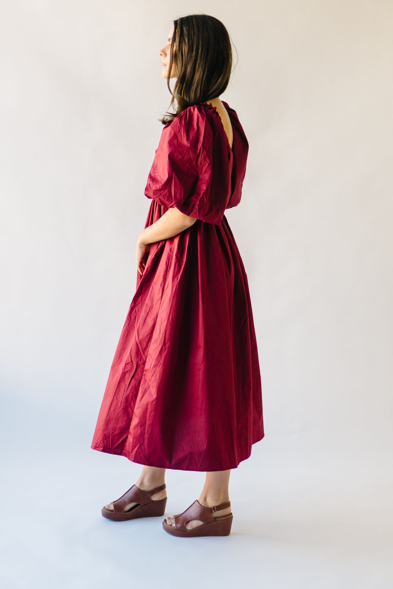 The Styron Puff Sleeve Midi Dress in Ruby