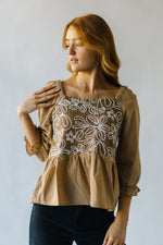 The Glidden Embroidered Peplum Blouse in Taupe