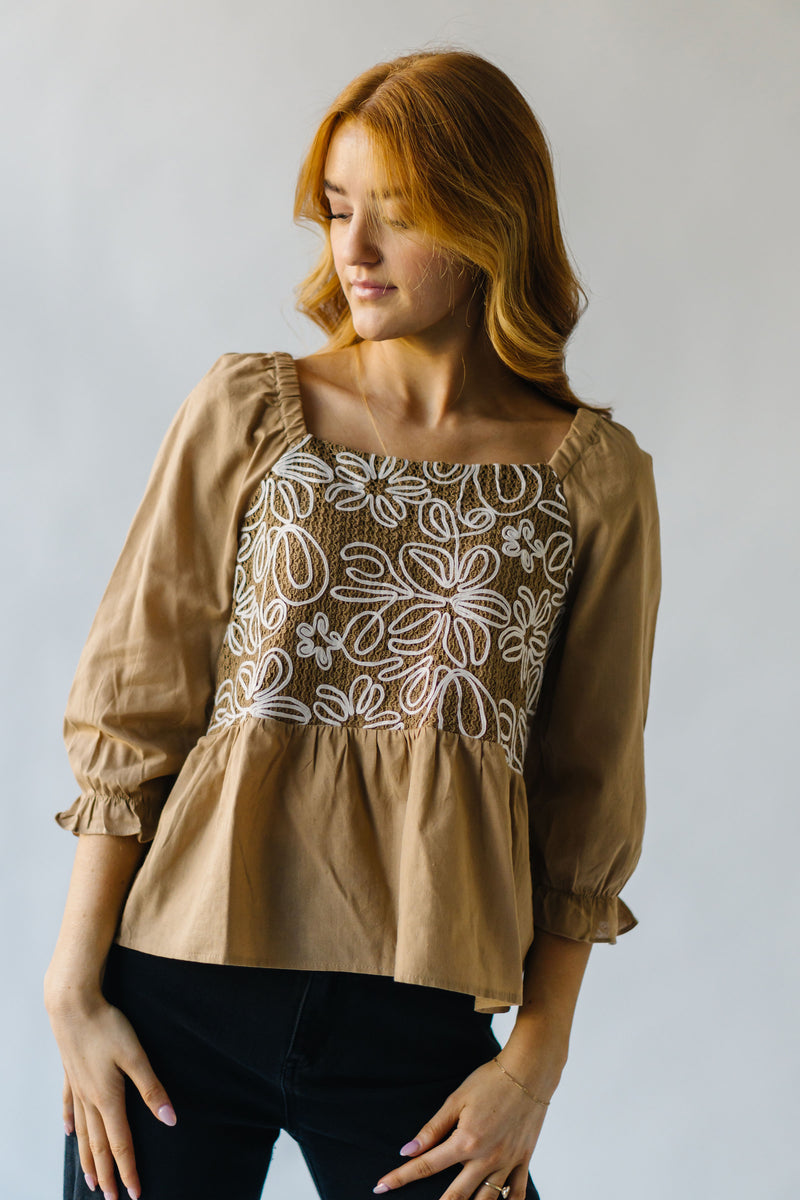 The Glidden Embroidered Peplum Blouse in Taupe