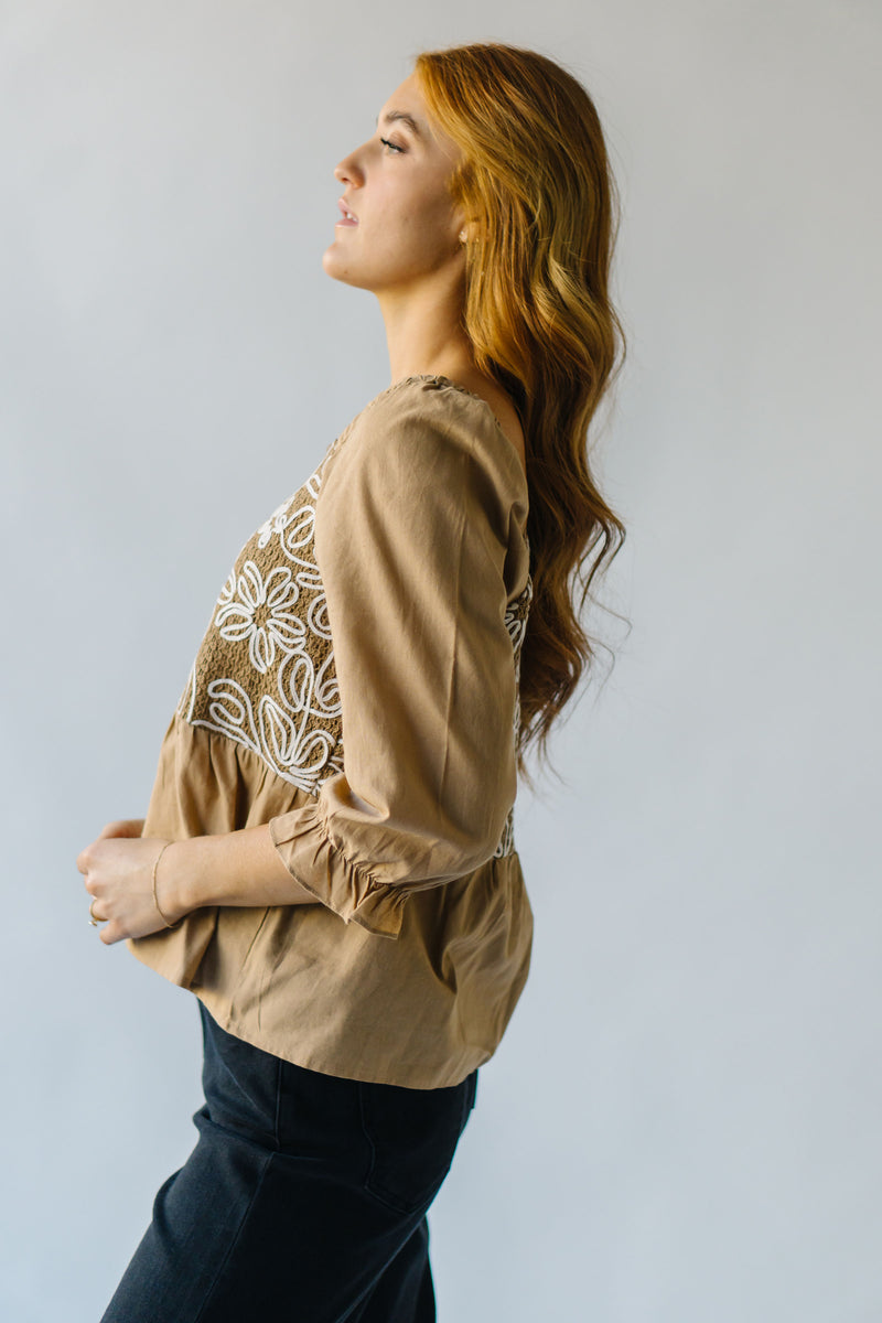 The Glidden Embroidered Peplum Blouse in Taupe