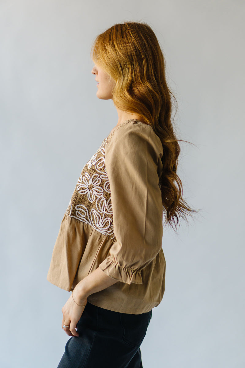 The Glidden Embroidered Peplum Blouse in Taupe