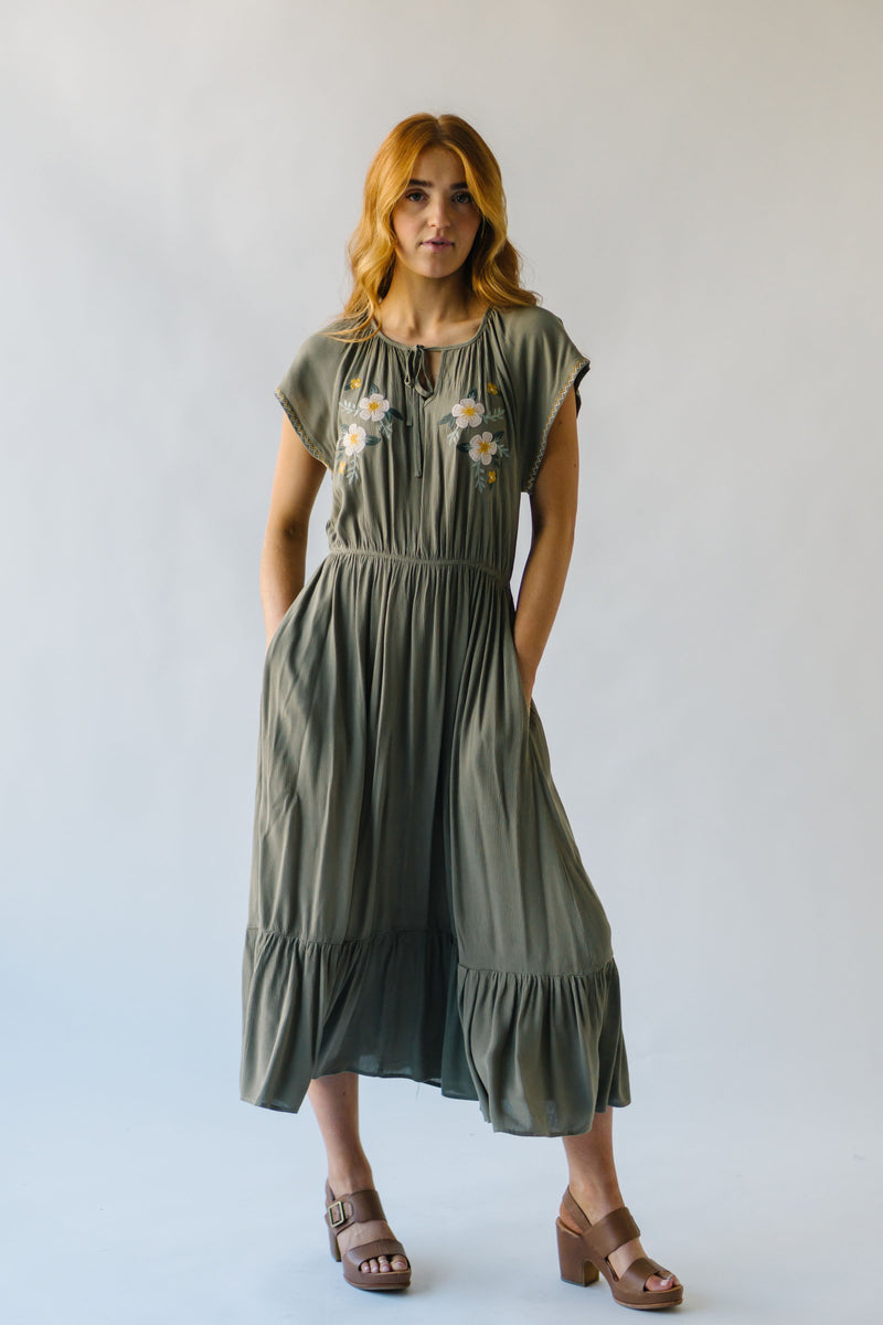 The Ratliff Flutter Sleeve Midi Dress in Olive