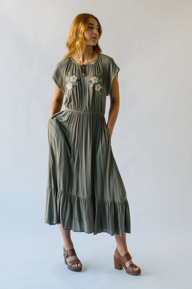 The Ratliff Flutter Sleeve Midi Dress in Olive