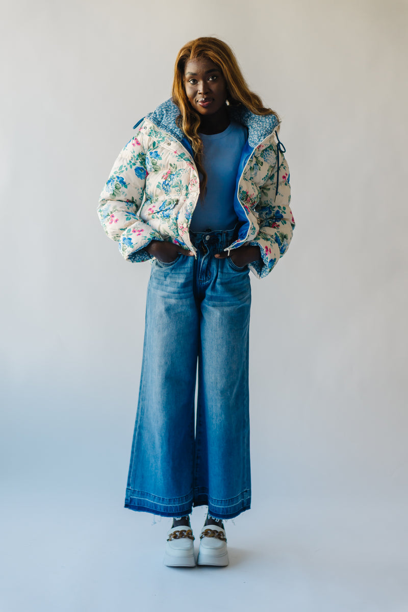 The Branford Floral Puffer Coat in Blue
