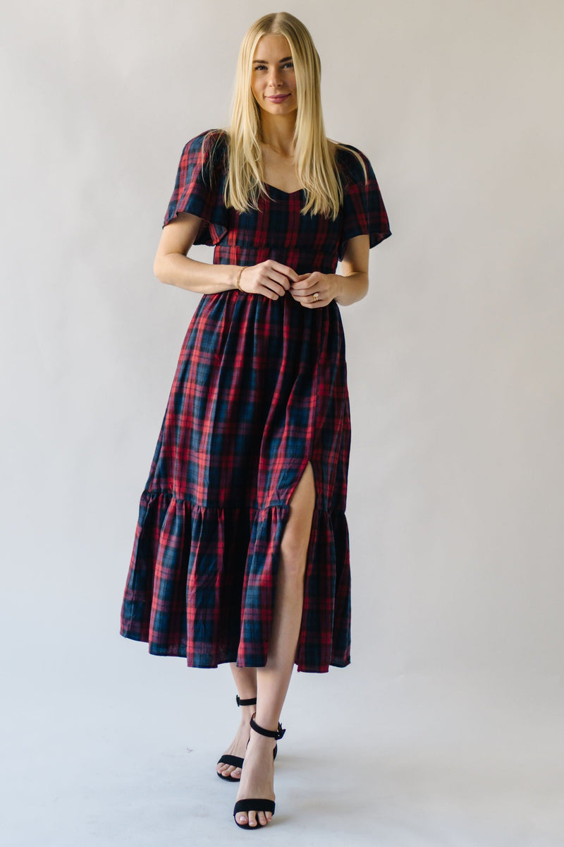 The Rustand Plaid Midi Dress in Red Multi