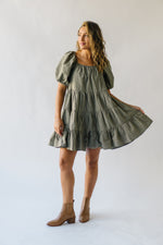 The Tannis Puff Sleeve Gingham Dress in Olive + Ivory