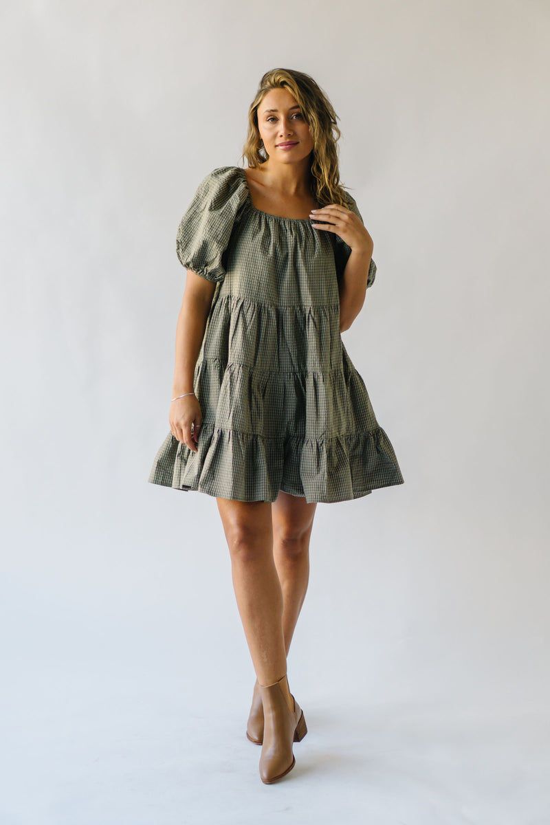 The Tannis Puff Sleeve Gingham Dress in Olive + Ivory