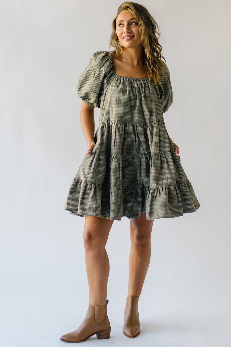 The Tannis Puff Sleeve Gingham Dress in Olive + Ivory