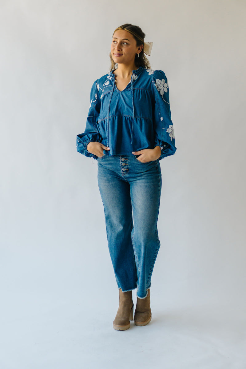 The Cambryn Floral Embroidered Blouse in Denim Blue