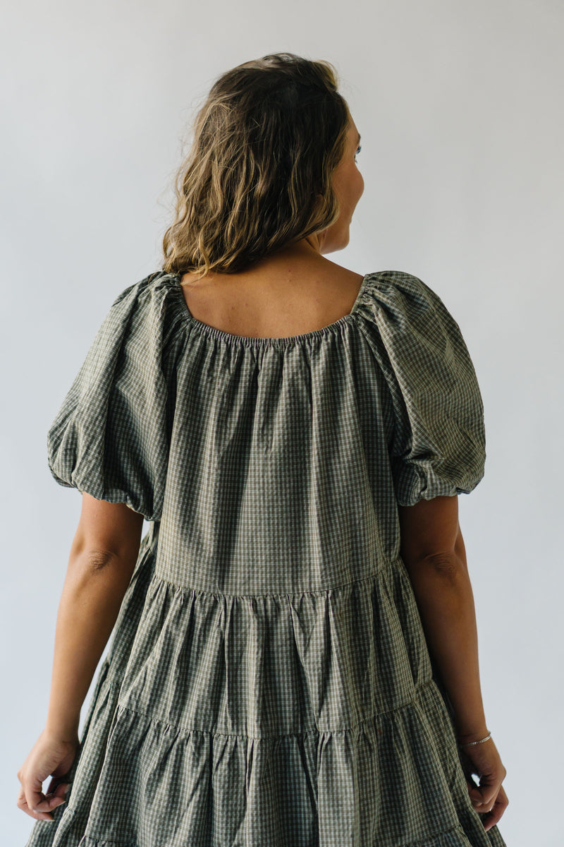 The Tannis Puff Sleeve Gingham Dress in Olive + Ivory