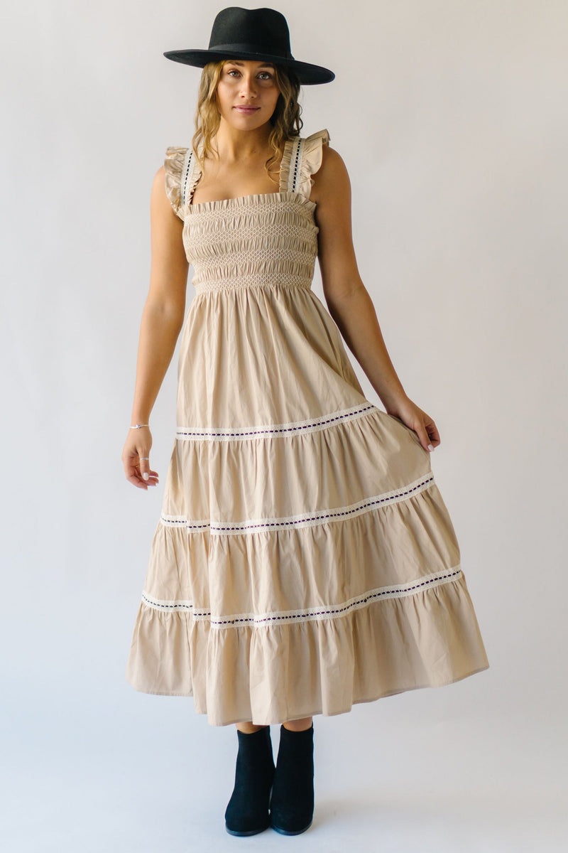 The Arlie Tiered Midi Dress in Khaki