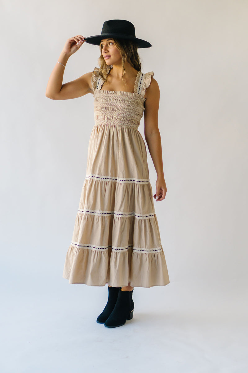 The Arlie Tiered Midi Dress in Khaki