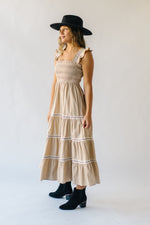 The Arlie Tiered Midi Dress in Khaki