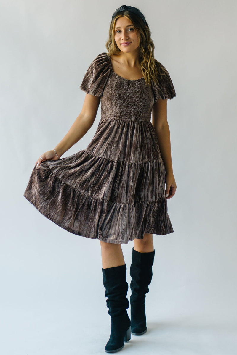 The Wickline Smocked Detail Dress in Taupe Velvet