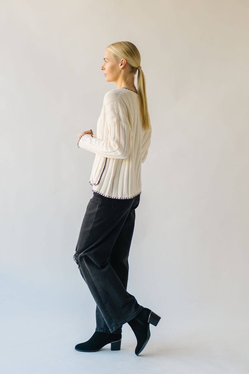 The Garwick V-Neck Stitch Detail Sweater in Ivory