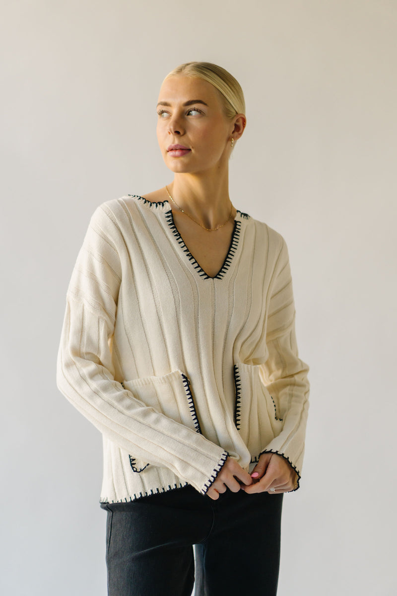 The Garwick V-Neck Stitch Detail Sweater in Ivory