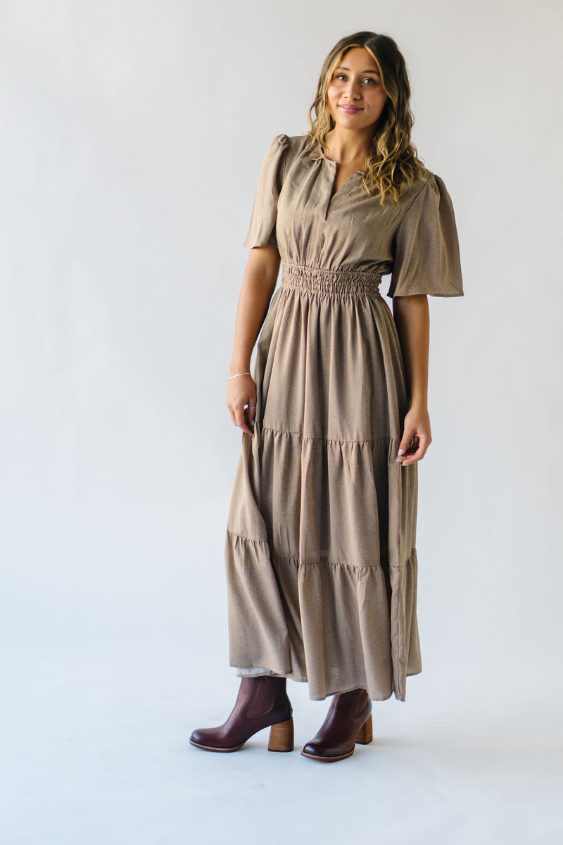 The Elodie Tiered Midi Dress in Tan