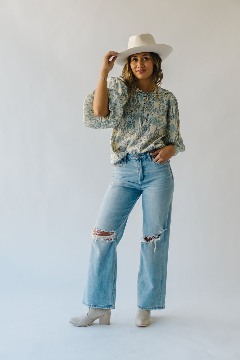 The Harward Floral Puff Sleeve Blouse in Sapphire Blue