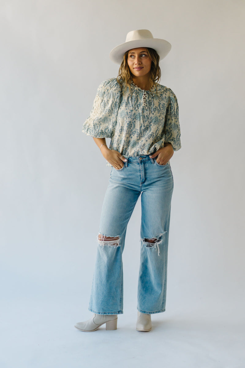 The Harward Floral Puff Sleeve Blouse in Sapphire Blue