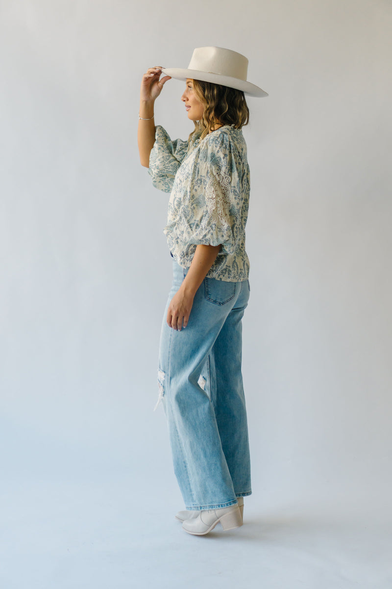 The Harward Floral Puff Sleeve Blouse in Sapphire Blue