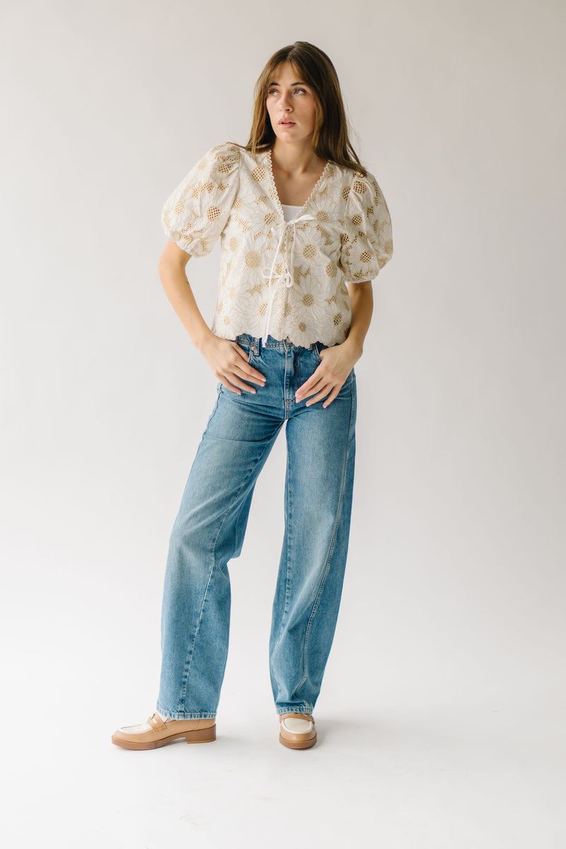 The Eubank Metallic Embroidered Floral Blouse in Beige