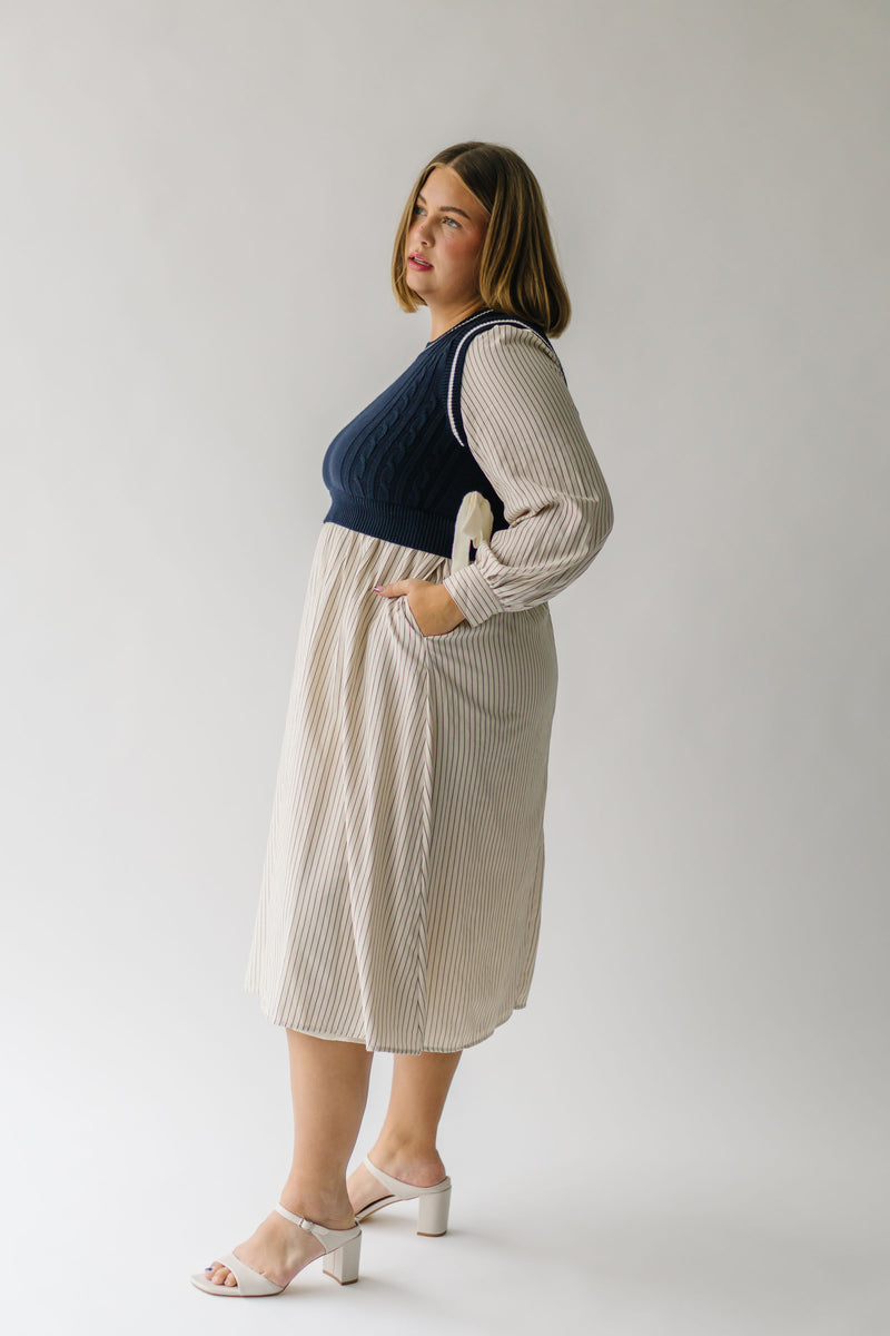 The Demoura Knit Sweater Midi Dress in Navy + Cream