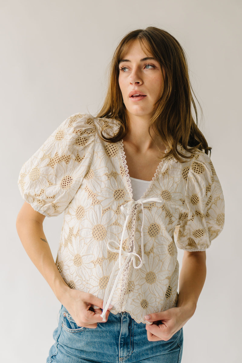 The Eubank Metallic Embroidered Floral Blouse in Beige