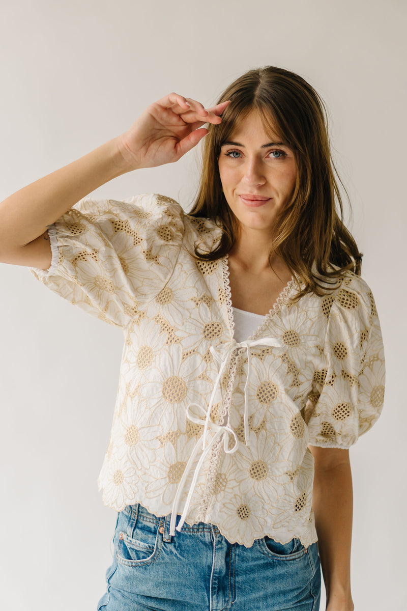 The Eubank Metallic Embroidered Floral Blouse in Beige