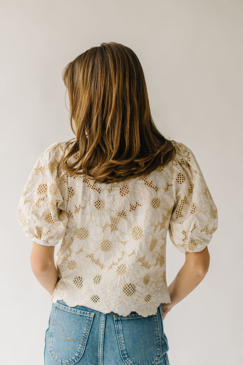 The Eubank Metallic Embroidered Floral Blouse in Beige