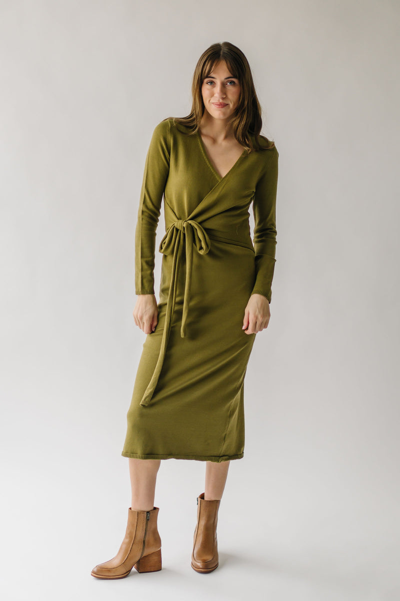 The Boyak Wrap Sweater Midi Dress in Olive