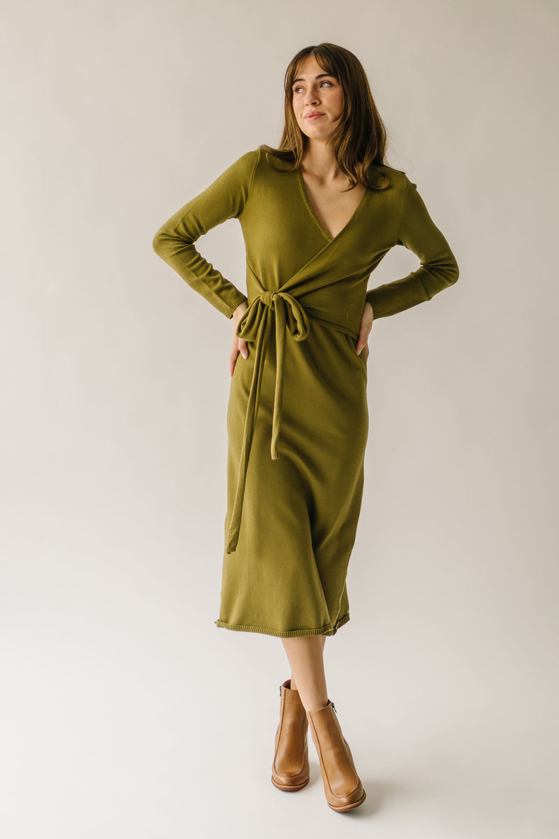 The Boyak Wrap Sweater Midi Dress in Olive