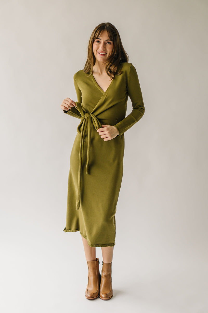 The Boyak Wrap Sweater Midi Dress in Olive