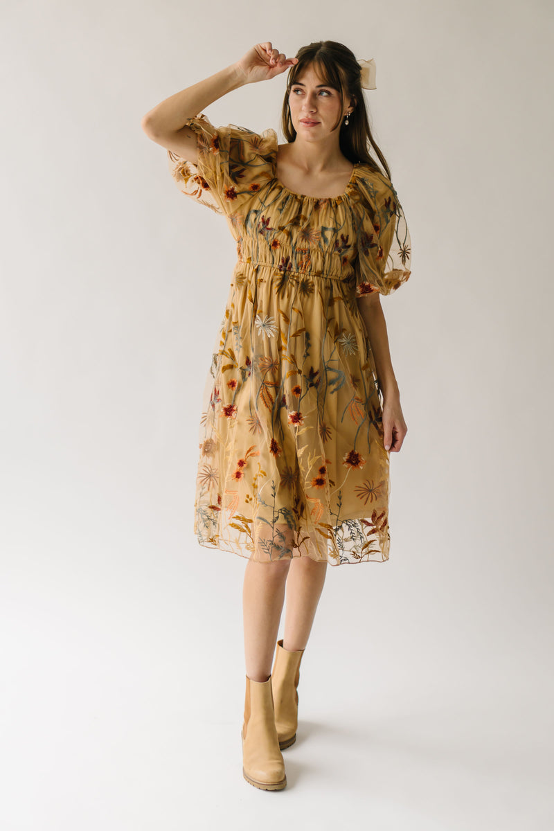 The Govan Embroidered Floral Dress in Camel