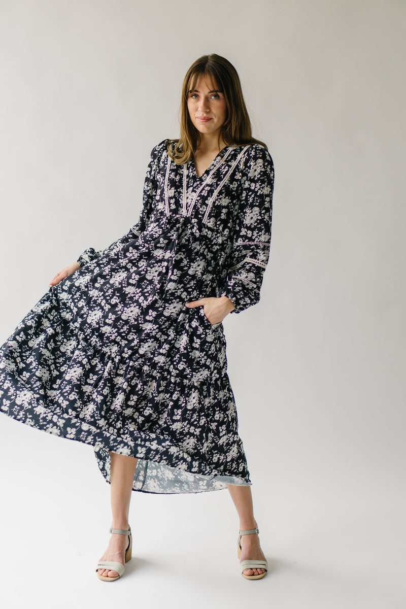 The Monetta Lace Trim Midi Dress in Black Floral