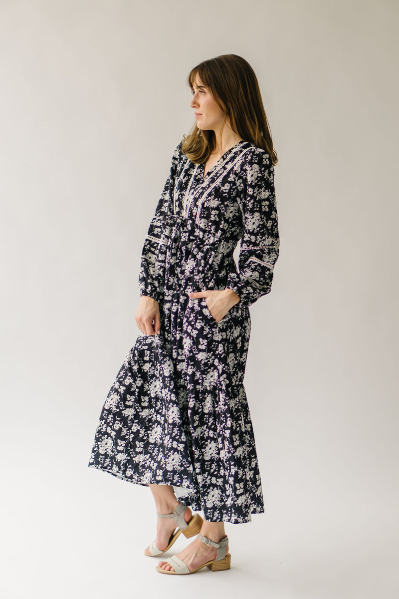 The Monetta Lace Trim Midi Dress in Black Floral