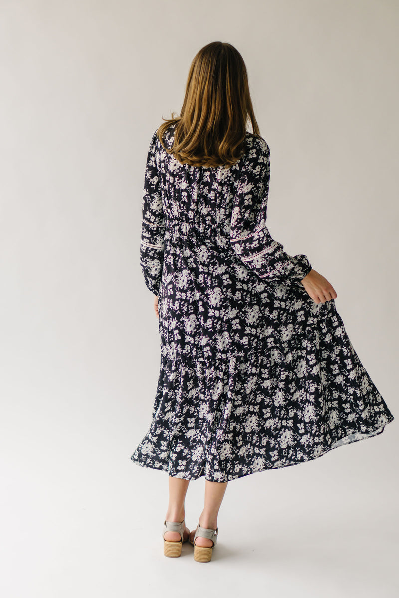 The Monetta Lace Trim Midi Dress in Black Floral