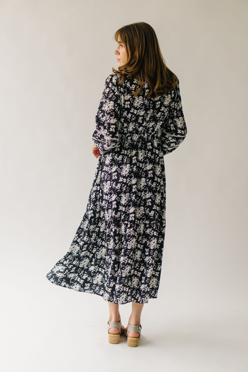 The Monetta Lace Trim Midi Dress in Black Floral