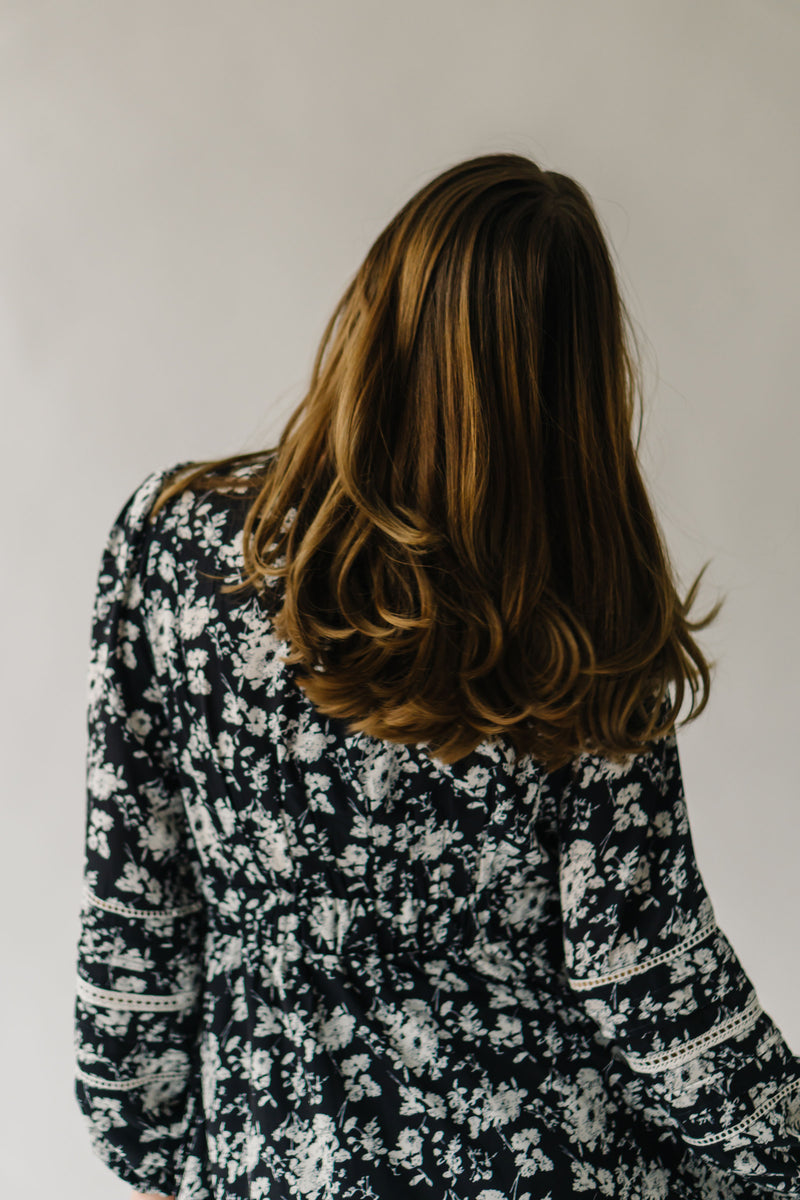 The Monetta Lace Trim Midi Dress in Black Floral