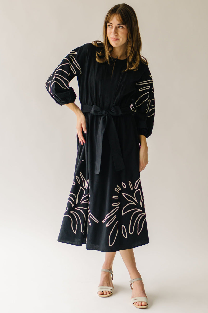 The Vallis Embroidered Midi Dress in Black