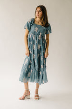 The Bamberg Embroidered Bubble Sleeve Dress in Dusty Blue