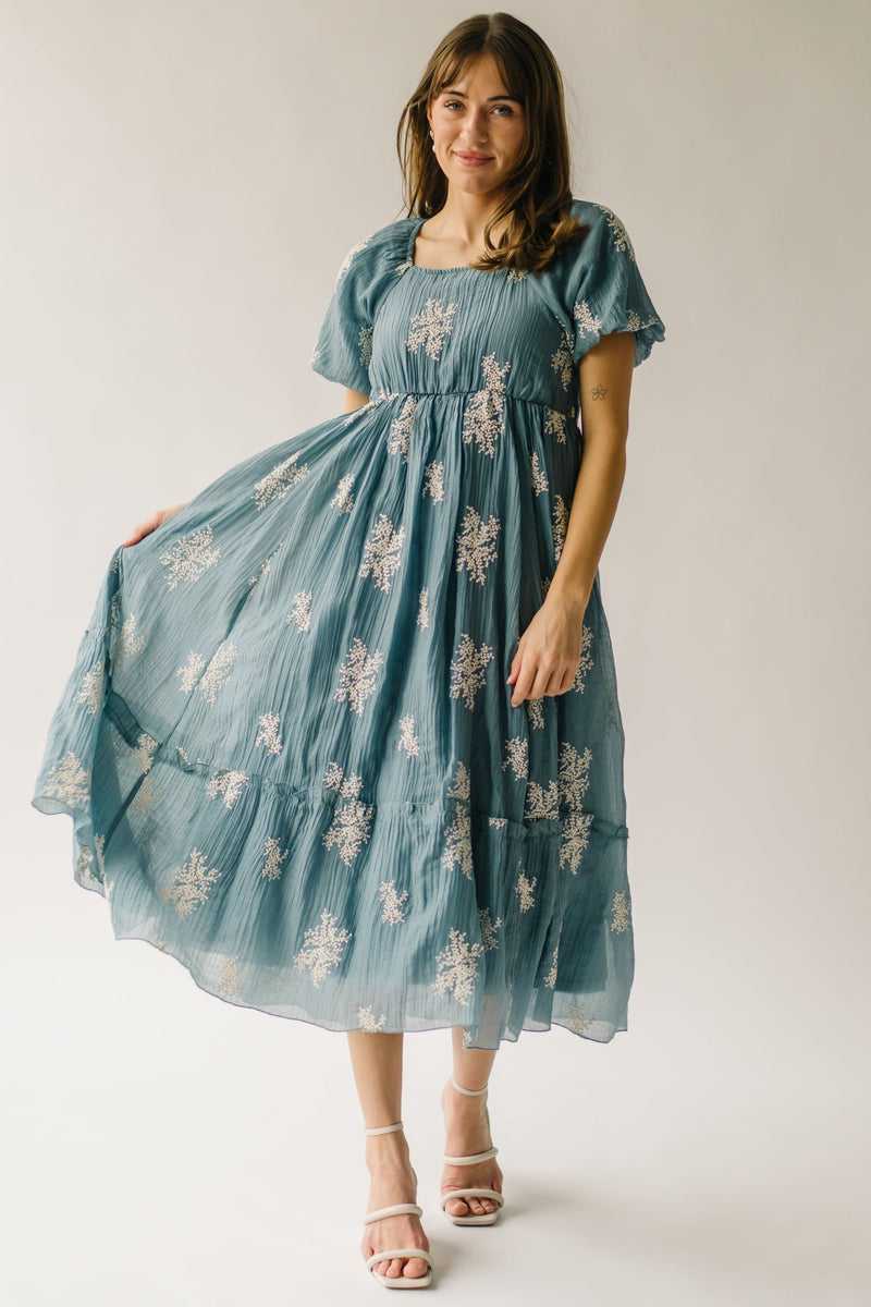 The Bamberg Embroidered Bubble Sleeve Dress in Dusty Blue