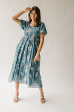 The Bamberg Embroidered Bubble Sleeve Dress in Dusty Blue