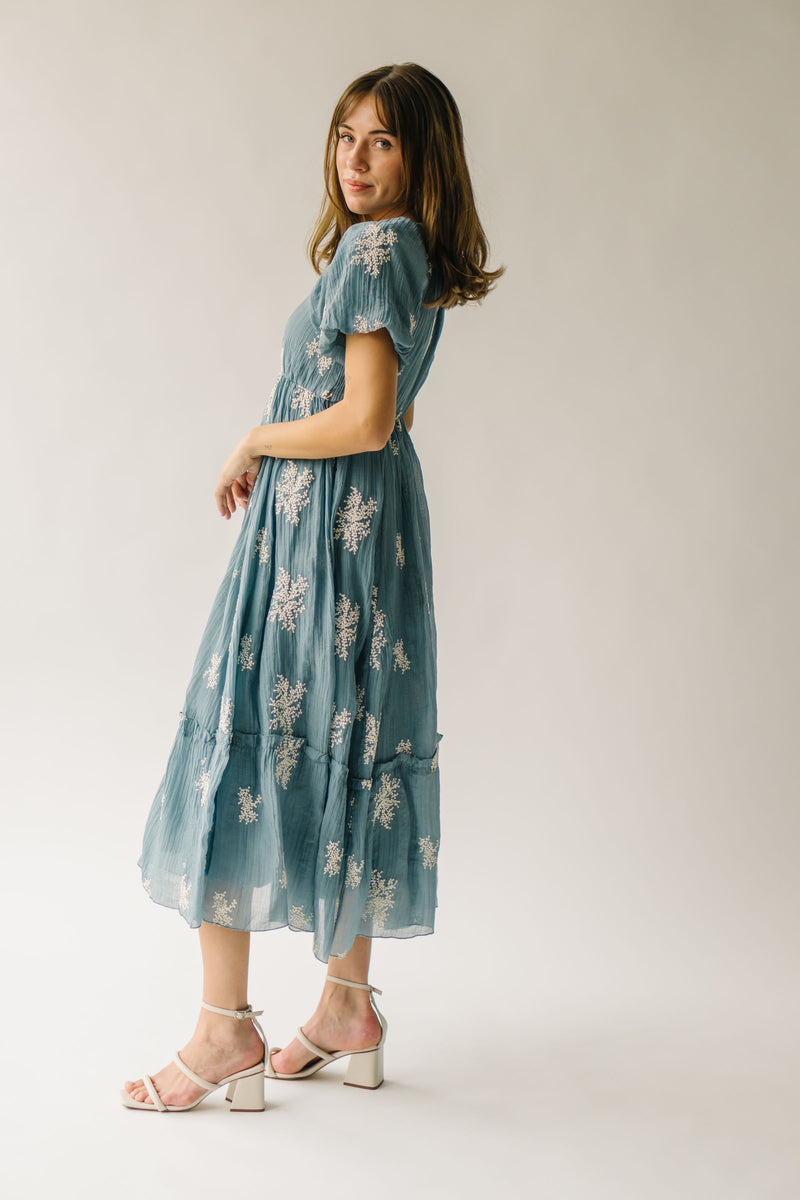 The Bamberg Embroidered Bubble Sleeve Dress in Dusty Blue