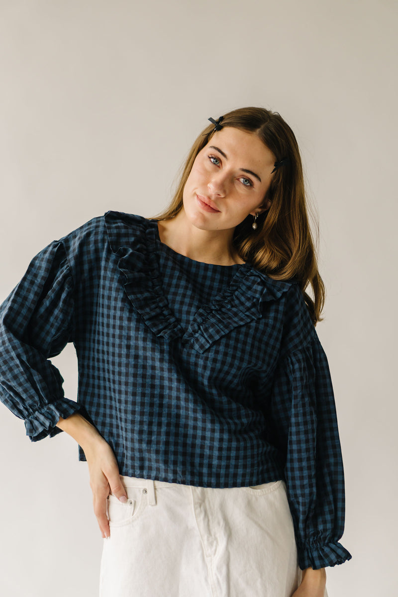 The Torman Gingham Ruffle Blouse in Navy