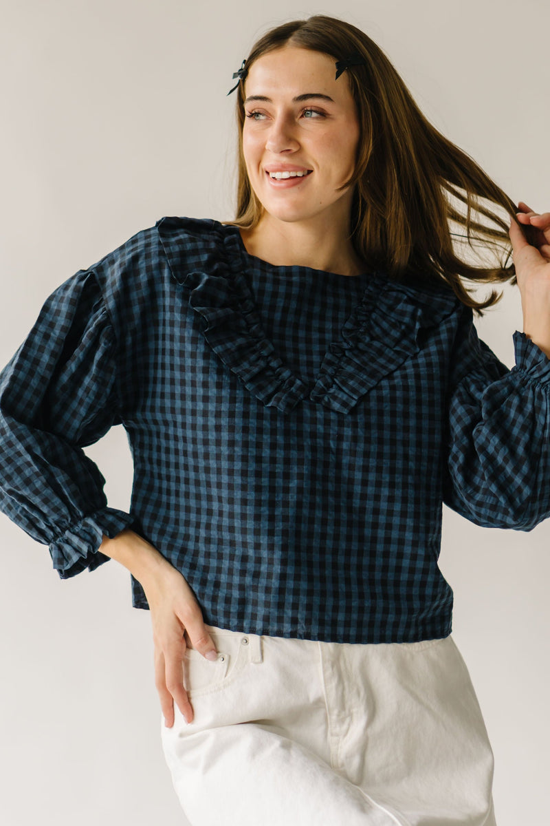 The Torman Gingham Ruffle Blouse in Navy